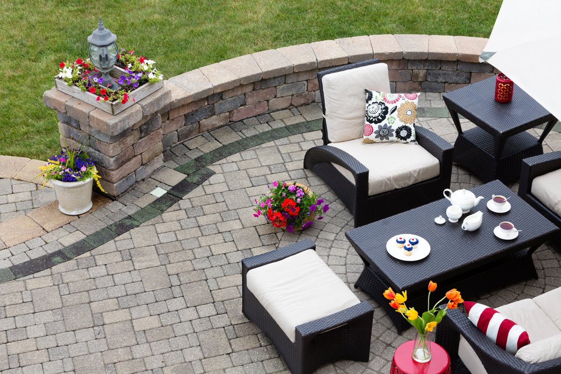 Aerial view picture of stone masonry backyard patio